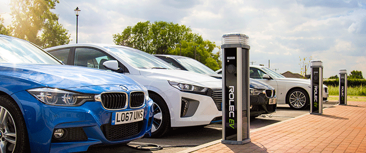 Rolec EV public charge point hooked up to electric vehicles